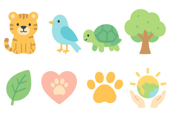 Obraz premium Cute animal and nature flat icon set. Wildlife, environment, friendly creatures collection