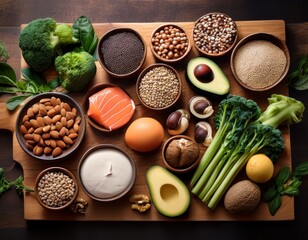 protein rich recipes with diverse foods displayed on a wooden cutting board for healthy meal prep and cooking inspiration