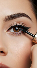 tight crop on eyes only, liquid eyeliner being applied with a fine tip along the upper lash line, hand partially visible holding applicator,