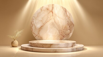 A beige marble podium with spotlighting, circular backdrop, and a neutral aesthetic.