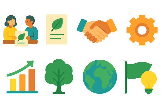 Eco-friendly flat icon set with sustainability, business, and nature symbols