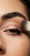 macro shot of eyelid and brow area during eyeshadow blending process, fluffy brush sweeping across crease in soft circular motion
