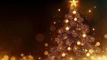 Elegant Christmas tree with gold lights and stars on dark brown bokeh background