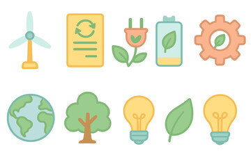 Eco-friendly, renewable energy flat icon set. Sustainable, green icons collection