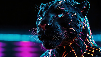 Cybernetic Neon Panther Digital Art – Futuristic Animal Design with Glowing Accents and Sci-Fi Aesthetic Appeal, 32K Revolution 