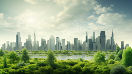 Fototapeta premium Green city skyline, nature reclaiming urban space, environmental hope