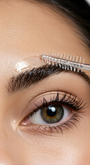 close-up beauty footage focusing on eyebrow and upper eye area, clear brow gel wand combing through hairs with upward strokes,