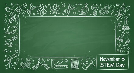 STEM Education Green Chalkboard Frame Science Icons Chalk Drawing Background