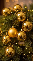 Golden Christmas baubles hanging on a festive fir tree with glowing lights.