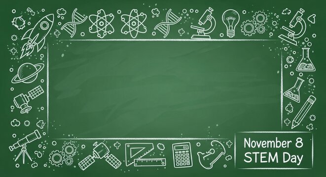 STEM Education Green Chalkboard Frame Science Icons Chalk Drawing Background