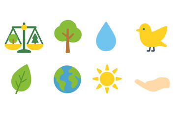 Environment and nature flat icon set. Sustainability, ecology, conservation symbols.
