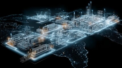 Glowing industrial complex on global map. Smart factory, digital twin, and future technology concept.