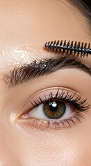 close-up beauty footage focusing on eyebrow and upper eye area, clear brow gel wand combing through hairs with upward strokes,