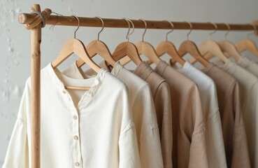 Linen shirts hang on wooden rack. Clothes of natural beige and white tones are exhibited in light room. Concept of eco friendly consumption conscious closet slow fashion garment industry.