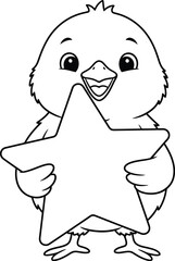 Cute baby chick holding a star coloring page – adorable cartoon farm bird line art for kids and preschool coloring book