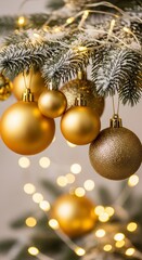 Golden Christmas Ornaments Hanging on a Frosted Fir Tree Branch with Bokeh Lights.