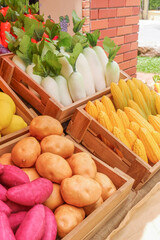 Fresh Fruits and vegetables at a farmer market,raw fruits,nutrition,organic,healthy eating or shopping in a grocery store.