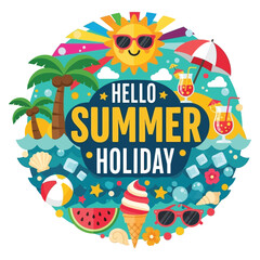 Obraz premium Vibrant summer holiday celebration with sunny beach elements, refreshing drinks, and tropical vibes perfect for vacation marketing