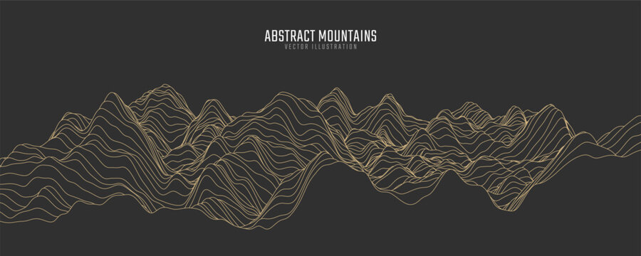 Contour mountain landscape. Waved line art. Abstract minimal topographic map. Contour lines with elevations and terrain depth. Vector illustration.