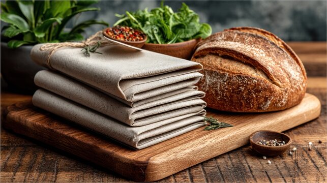 A stack of light beige linen napkins, ready for use, sits beside a rustic loaf of bread on a wooden cutting board.