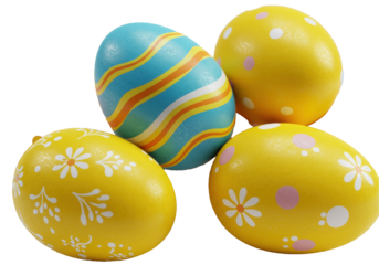 Intricately decorated easter eggs, bright yellow and glossy, with wavy stripes, floral patterns, and polka dots, piled against a blurred white background, easter celebration atmosphere