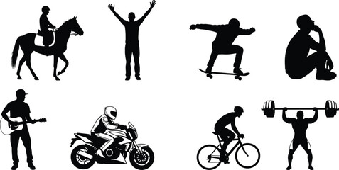 Human activity silhouette set, black vector icons, sports, music, leisure, horse riding, skateboarding, fitness, motorcycle, bicycle, guitar
