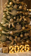 Golden Christmas Tree with 2026 Lights and Gift Boxes.