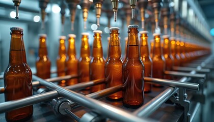 Automated bottling line fills beer bottles in brewery. Drinks production in plant. Modern machinery, equipment. Alcohol beverage industry. Food factory conveyor. Process quality control, safety
