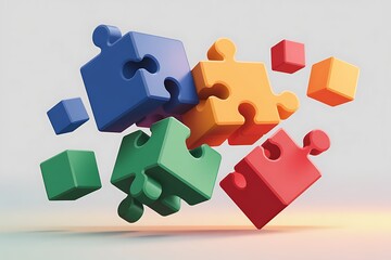 Blue orange green and red puzzle pieces floating in abstract space with soft lighting game connection