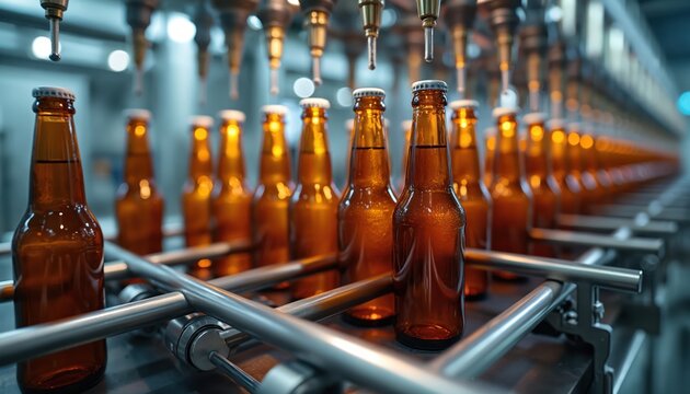 Automated bottling line fills beer bottles in brewery. Drinks production in plant. Modern machinery, equipment. Alcohol beverage industry. Food factory conveyor. Process quality control, safety