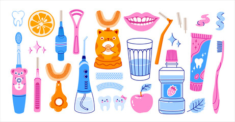 Dental Hygiene Set. Toothpaste, mouthwash, toothbrush, dental floss, interdental brush and irrigator. Colorful trendy vector isolated illustrations.
