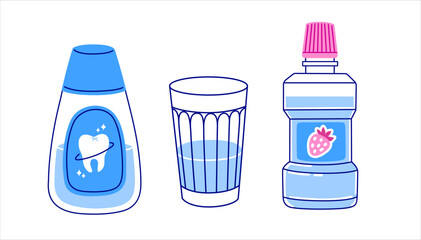 Mouthwash bottle and glass of water. Oral hygiene and fresh breath concept. Hand drawn isolated vector illustration.