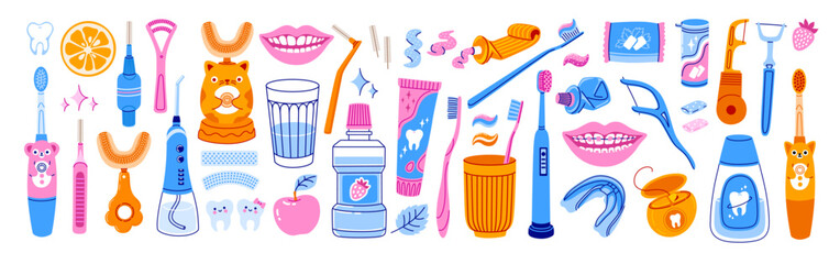 Oral care set. Various toothbrushes, toothpaste, dental floss, mouthwash. Oral hygiene, dental care concept. Hand-drawn vector isolated illustrations.