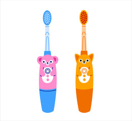 Kids electric toothbrush. Cute animals character design. Innovative oral care concept for children playful dental hygiene. Vector isolated illustration.