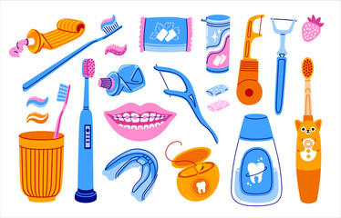 Oral Care Set. Daily Teeth Cleaning Collection. Toothbrushes, toothpaste, dental floss, mouthwasher, gum. Hand-drawn trendy colorful isolated vector illustration.