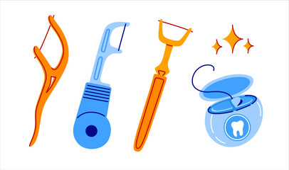 Different dental floss types set. Oral hygiene and interdental cleaning concept. Hand drawn vector isolated illustration.
