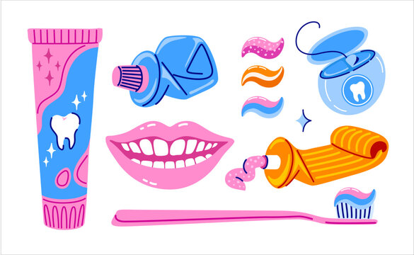 Toothpaste, toothbrush, dental floss and smiling teeth. Trendy colorful hand drawn set. Oral hygiene, morning routine. Vector isolared illustration.