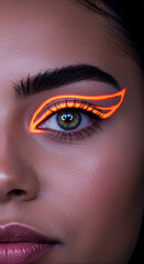 tight crop on eyes, vibrant neon eyeliner applied in graphic shapes on eyelids, bold and editorial vibe, camera slightly under eye level,