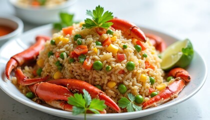 Crab fried rice on plate. Seafood dish with herbs and vegetables. Asian cuisine meal closeup. Delicious gourmet food, gastronomic delight with lime. Restaurant culinary art serving, recipe.
