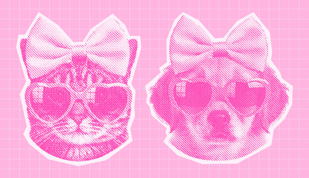 pink cat and dog wearing heart-shaped sunglasses and cute bows, retro halftone collage illustration