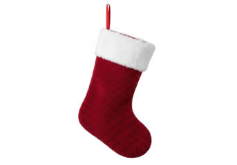 A red fuzzy christmas stocking with a white trim, hanging by a red ribbon, isolated on transparent background