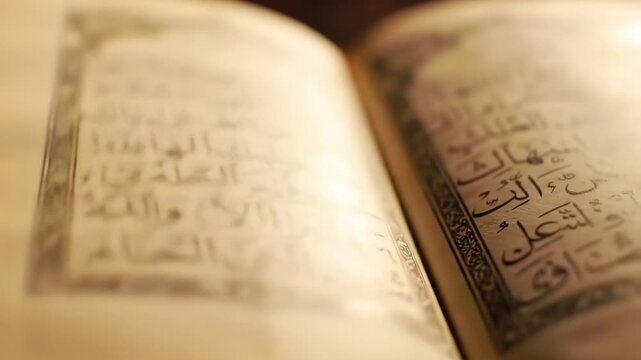 Close up of an ancient Quran open to illuminated pages with Arabic calligraphy.