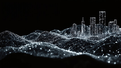 Futuristic digital city of glowing skyscrapers and mesh hills on a black background, abstract data visualization with neural connections and neon points, ideal for tech, AI, and sci-fi themes