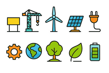 Construction, environment flat icon set. Energy, sustainability icons collection