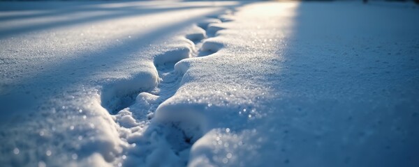 Animal tracks imprint on fresh snow during a bright sunny winter day. Sunlight creates sparkling effect on snow surface. Scene shows forest path with paw prints.