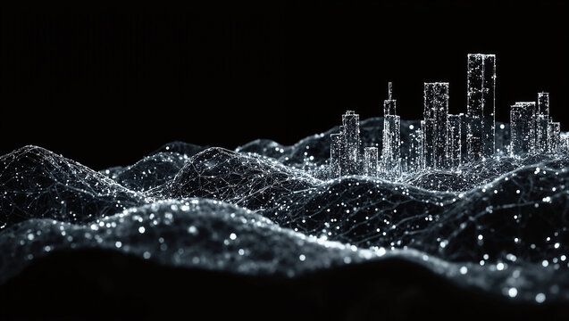 Futuristic digital city of glowing skyscrapers and mesh hills on a black background, abstract data visualization with neural connections and neon points, ideal for tech, AI, and sci-fi themes - Powered by Adobe