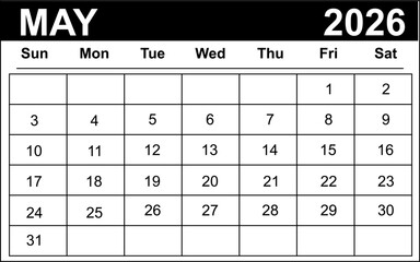 May 2026 monthly calendar in vector format, clean editable layout