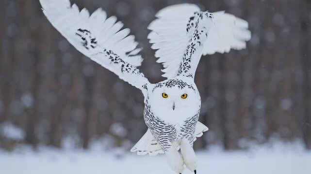 A snowy owl captured mid-flight, wings spread wide. The video shot from a front angle showcases its grace against a blurred, snowy forest backdrop.