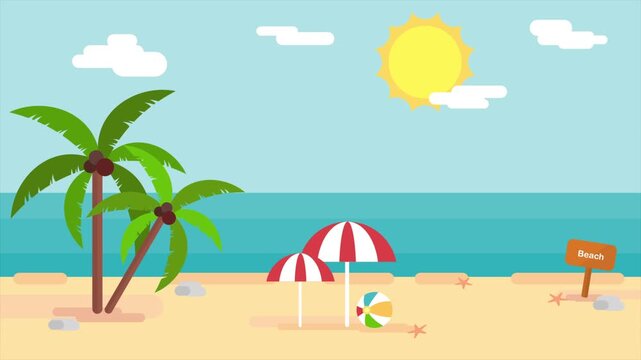 Summer beach background vector illustration, 2d animation, 4k resolution, sunny beach scene, tropical vibes, ocean waves, sand, summer vacation