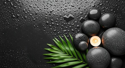 Tranquil spa scene with black stones and green palm leaf illuminated by soft candlelight